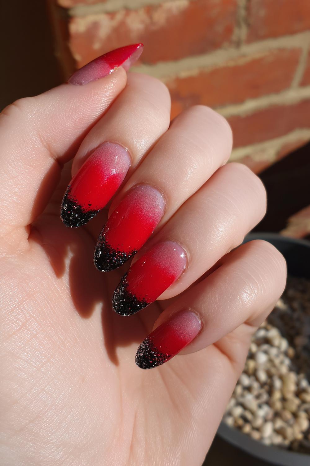 13. Red Ombre Nails with Black Glitter Nightfall Edge