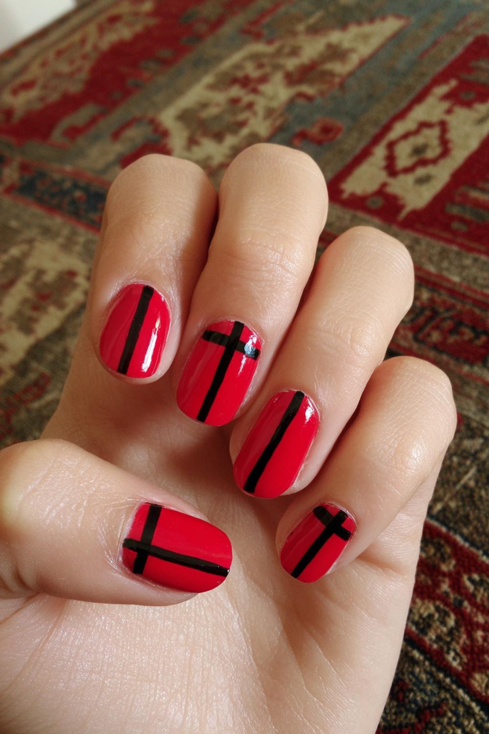 14. Funky Nails Graphic Stripes: Red Base and Black Ribbon Lines