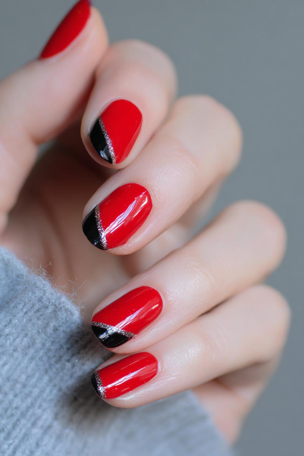 16. Red Black Nails Split-Diagonal Color Block with Thin Metallic Edge