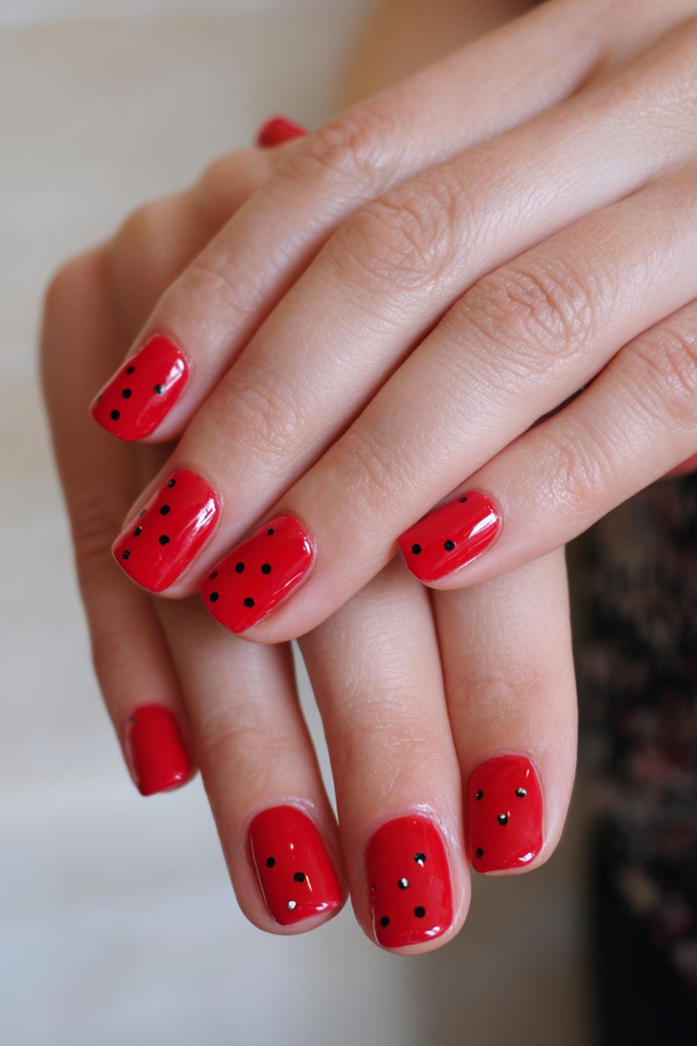 17. Idee Unghie Gel Semplici: Red Gel Base with Black Dot Constellation