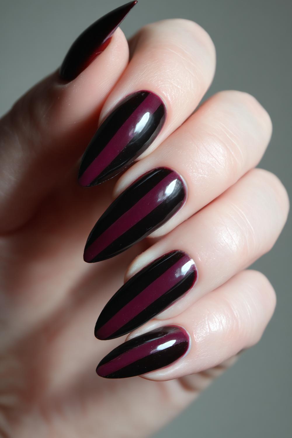 18. Femme Fatale Nails Stiletto Black with Dark Red Gloss Center Stripe