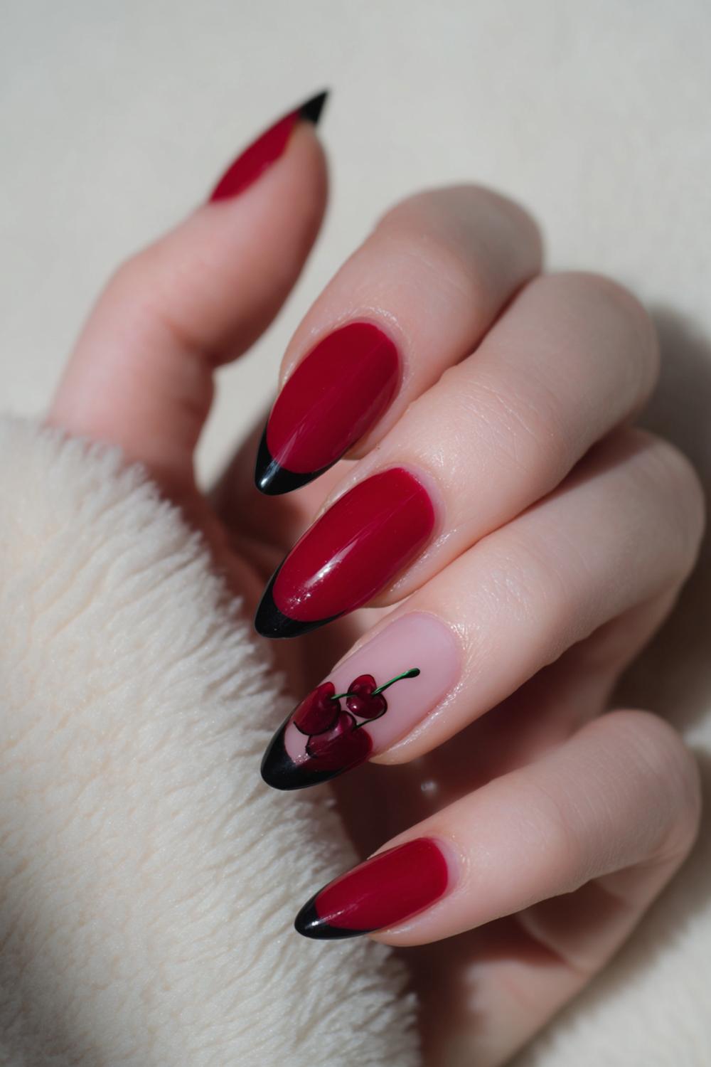 19. Cherry Nails Red Jelly with Black Cherry Silhouette Tips
