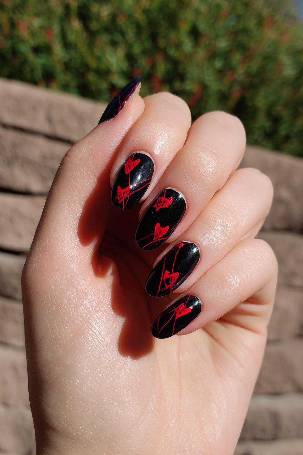 20. Grunge Nails Black Base with Red Scribble Hearts