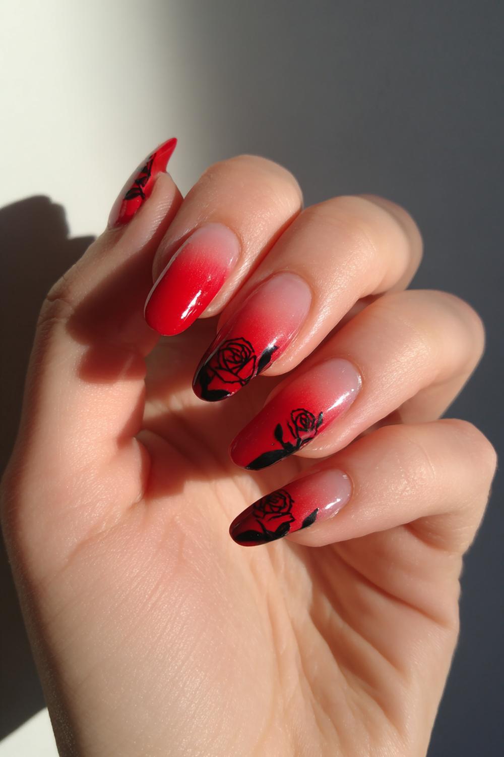 23. Red Ombre Nails with Black Rose Outline Accent