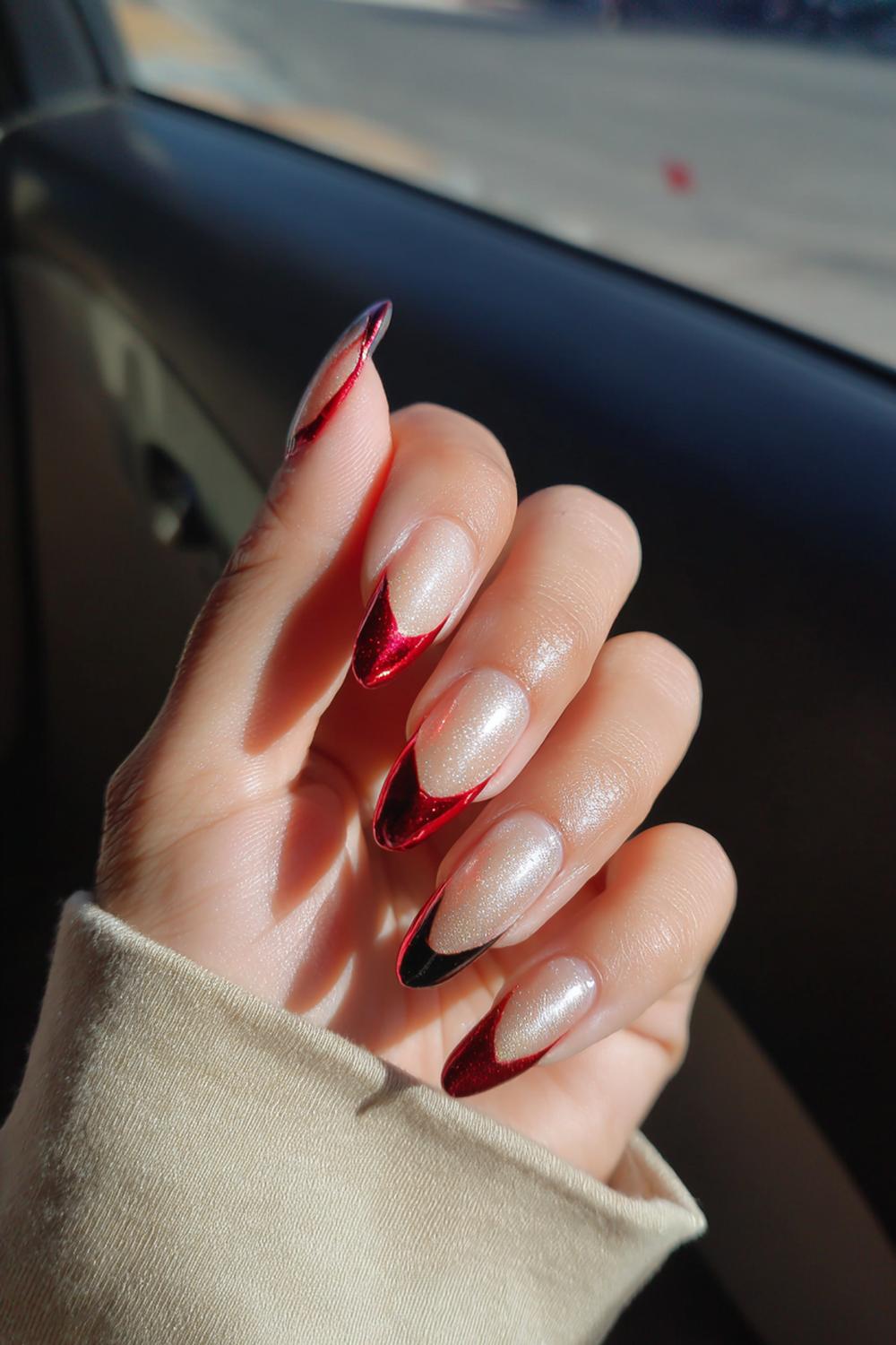 24. Dope Nails Red Metallic Tips on Black Nude Base
