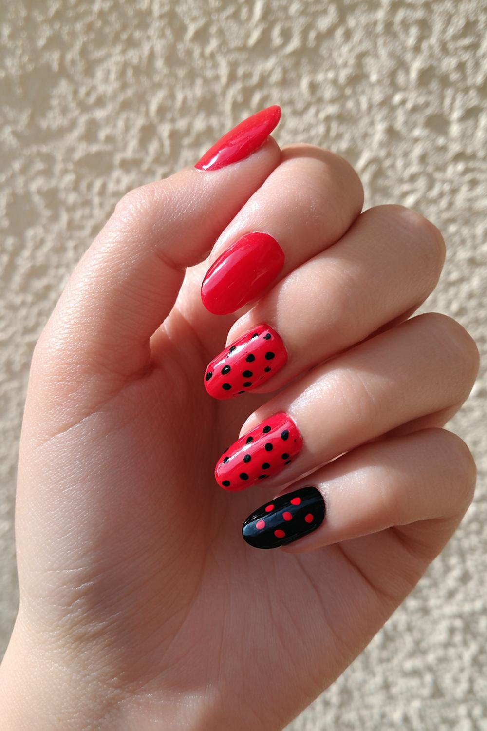 25. Red Black Nails Polka Dot Mix: Red Base, Black Base, Inverted Dots