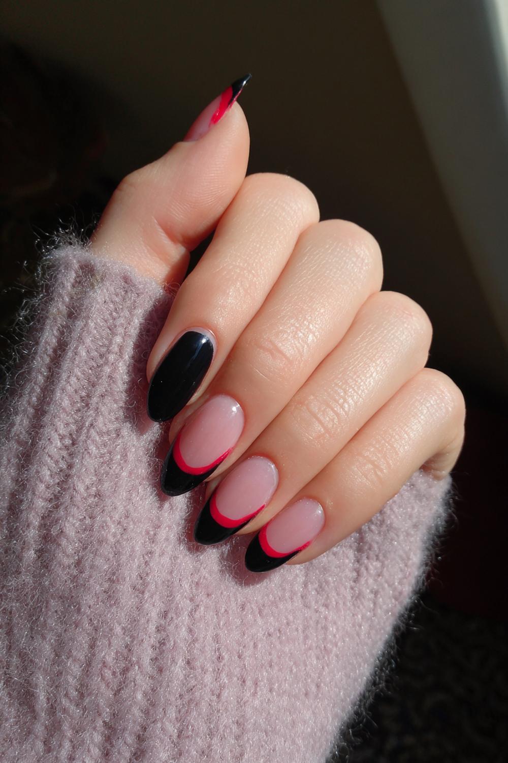 26. Idee Unghie Gel Semplici: Black French with Red Underline