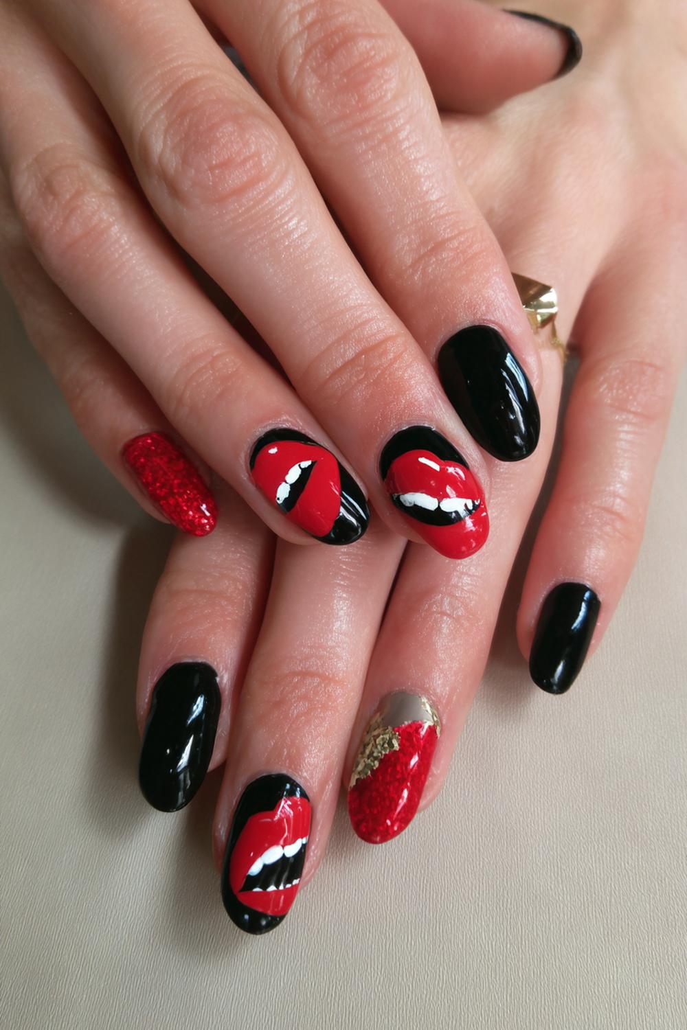 27. Funky Nails Pop-Art Lips in Red on Black Accent
