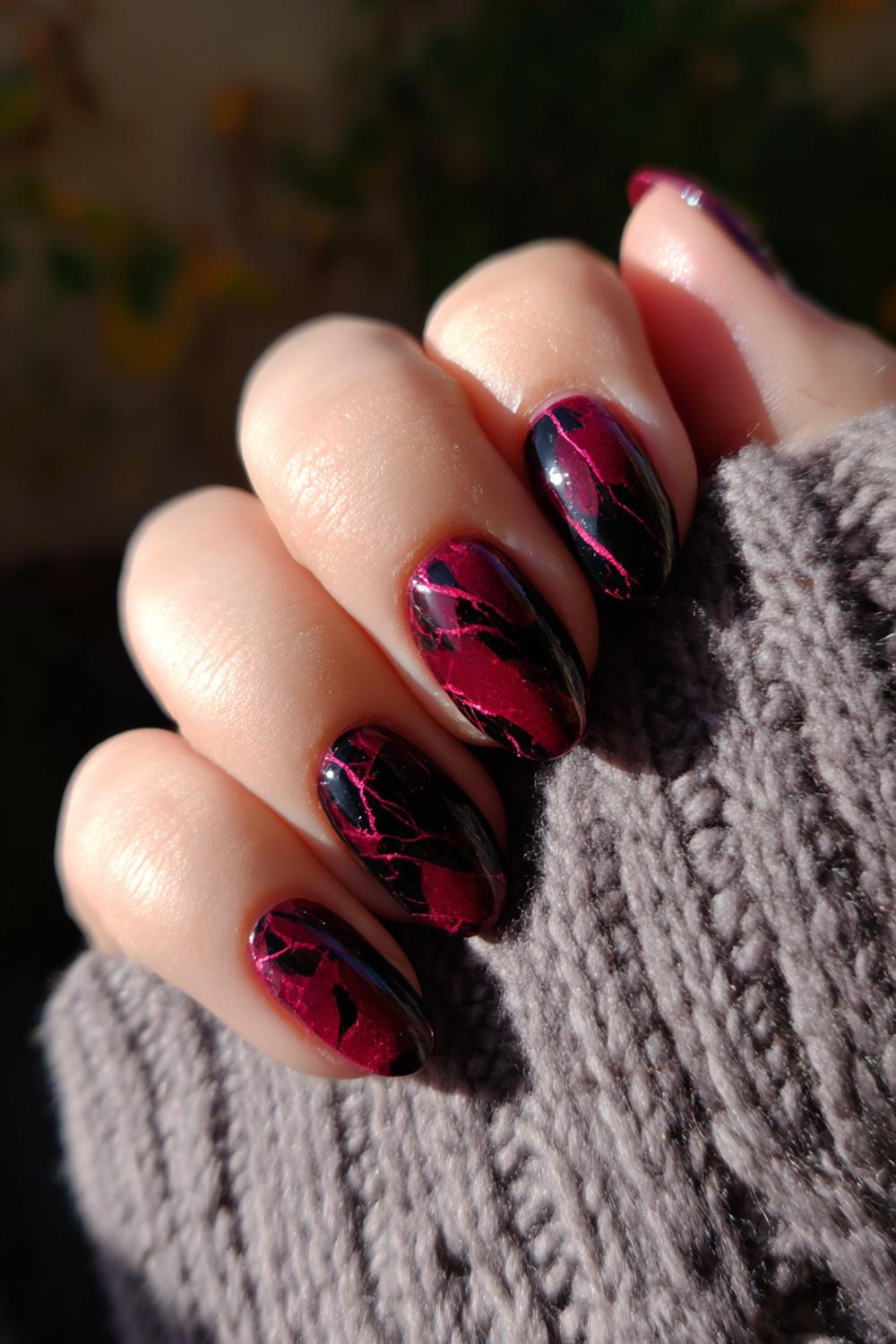 28. Vampire Nails Dark Red Marble with Black Veins