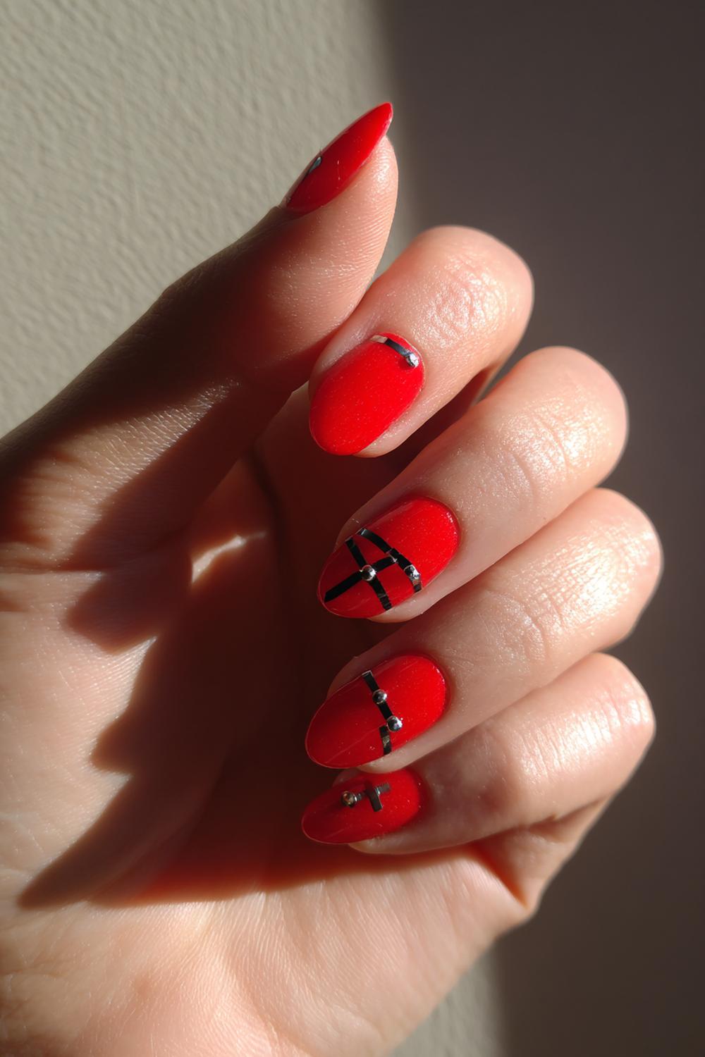 29. Grunge Nails Red Base with Black Safety-Pin Line Art