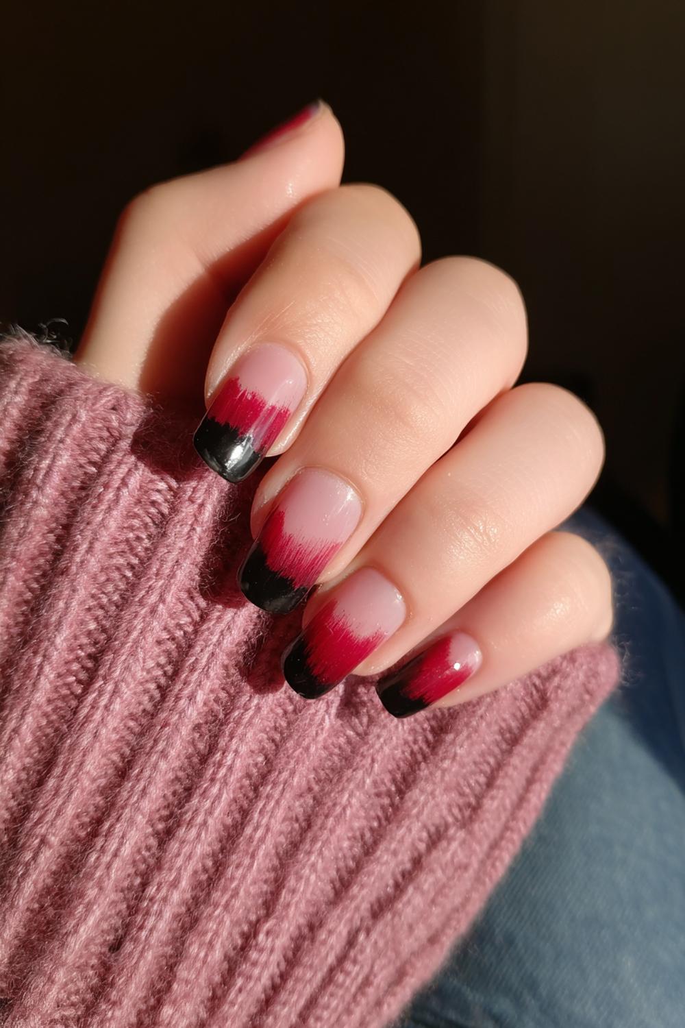 3. Grunge Nails Smudged Black Tips over Red Jelly