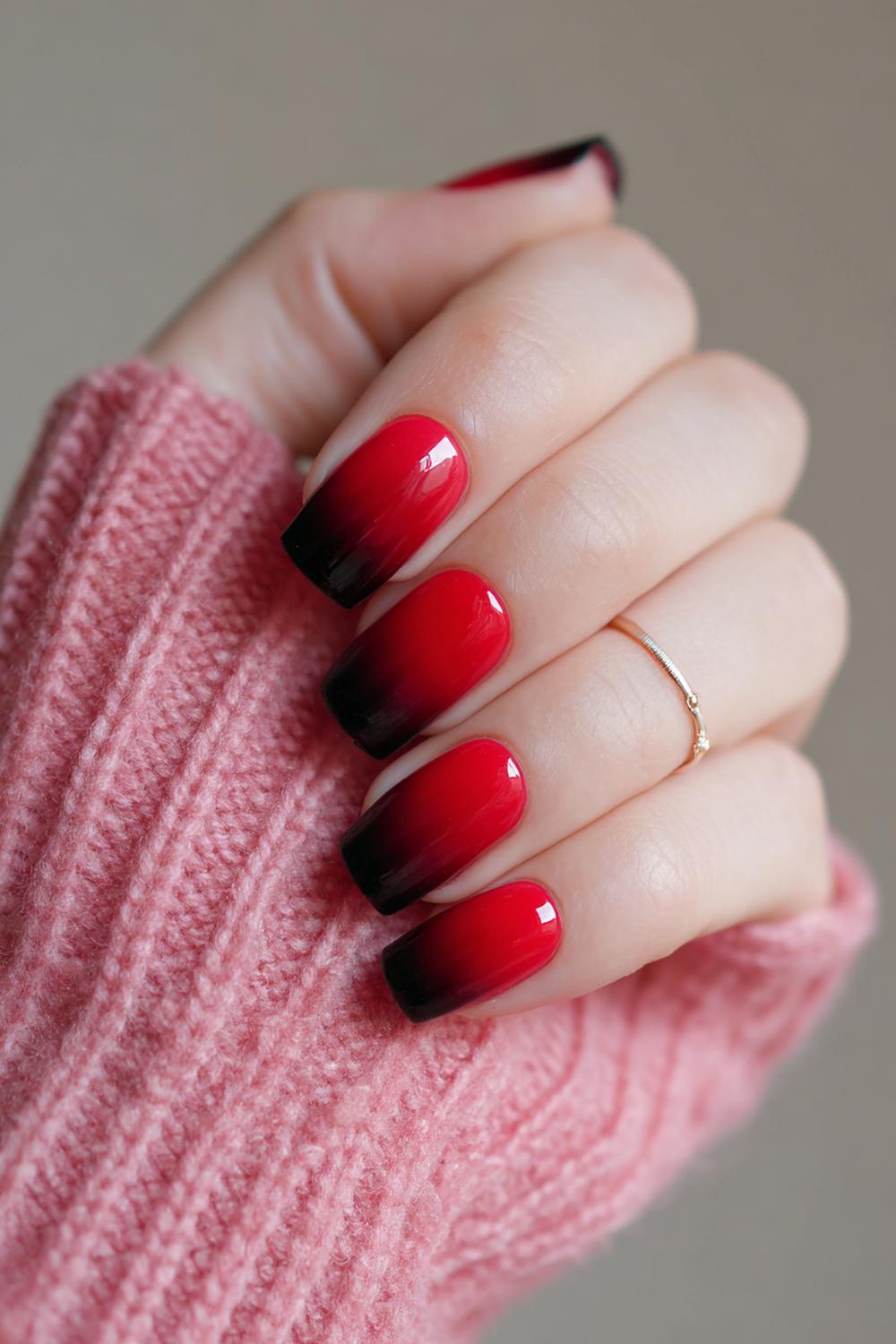 5. Red Ombre Nails Fade into Black Velvet Tips