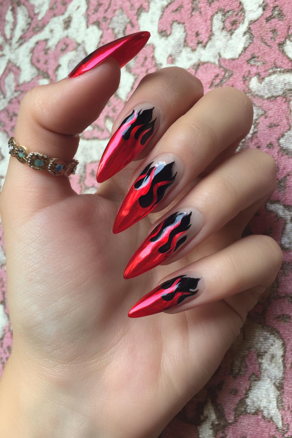 6. Dope Nails Chrome Red with Black Flame Outlines