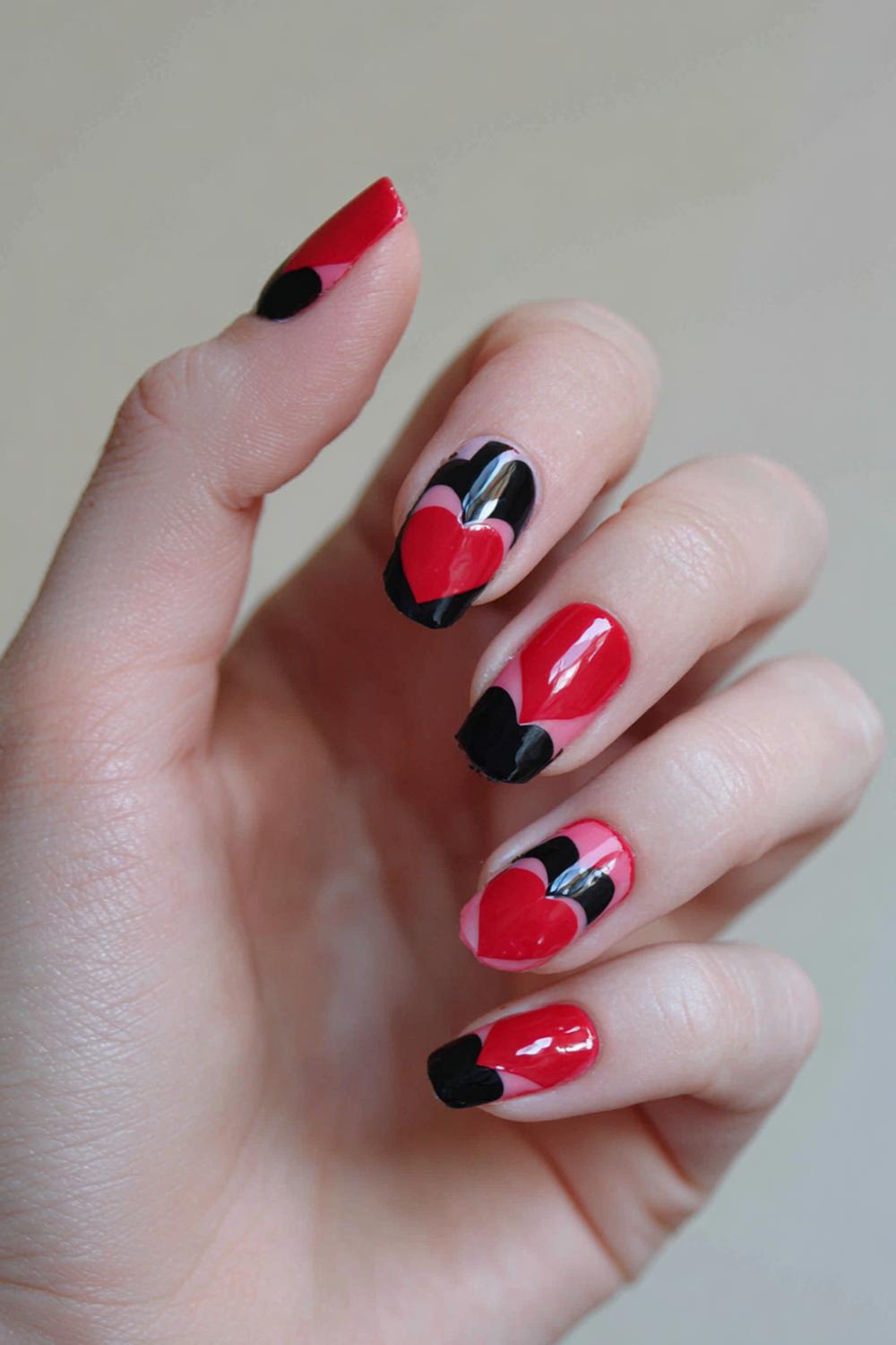 7. Red Black Nails Negative Space Cutout Hearts