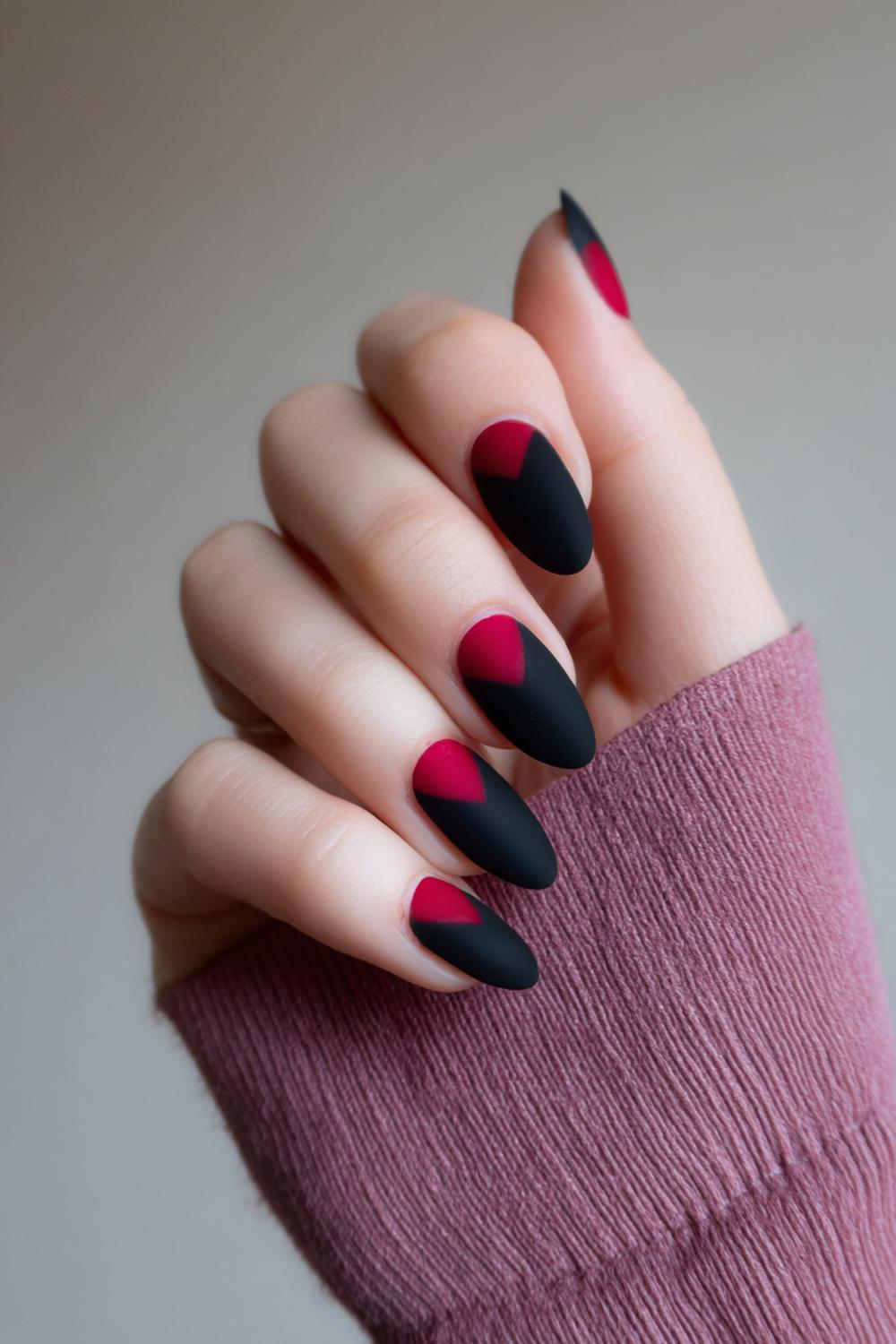 8. Femme Fatale Nails Matte Black with Dark Red Half-Moons