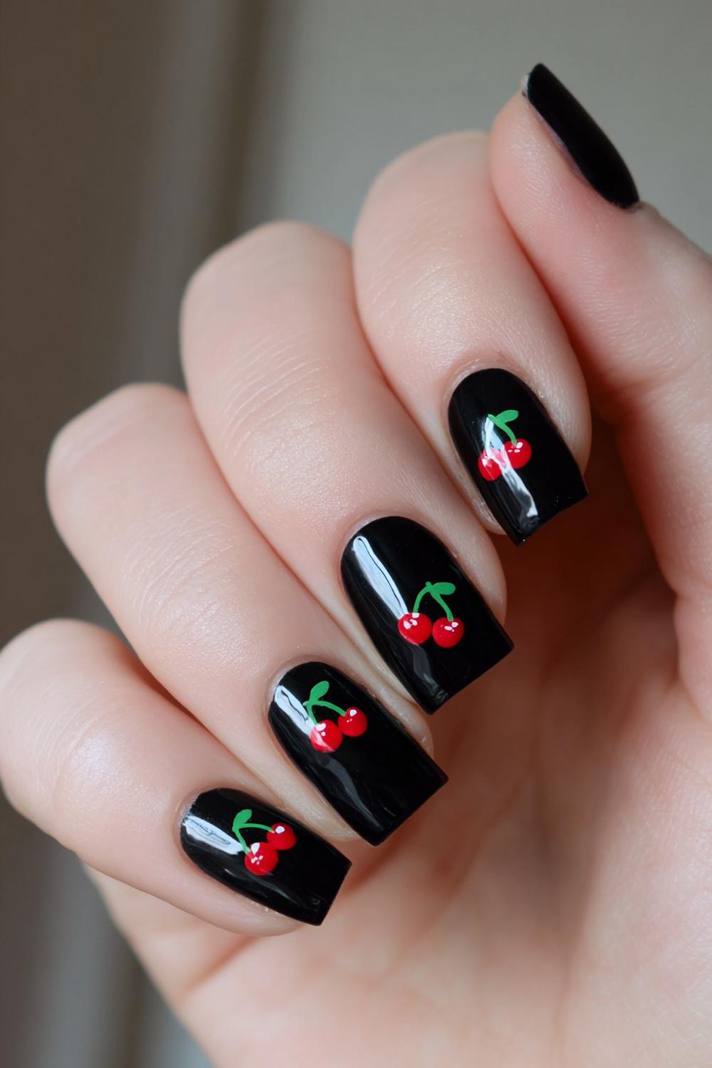 9. Cherry Nails Minimal Cherries on Black Accent Nails