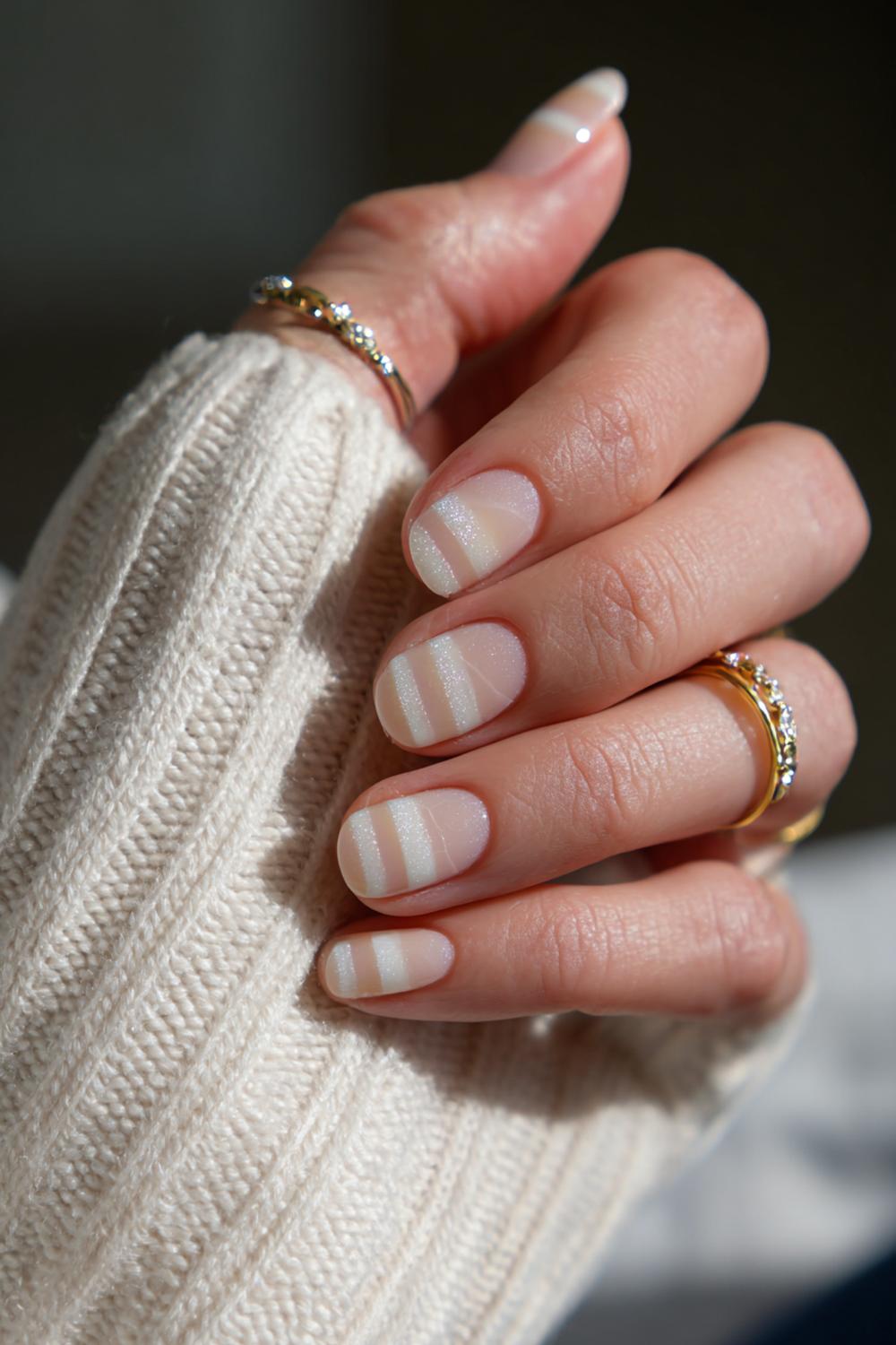 18. Thin Nude Stripe Short Nails with Negative Space Detail