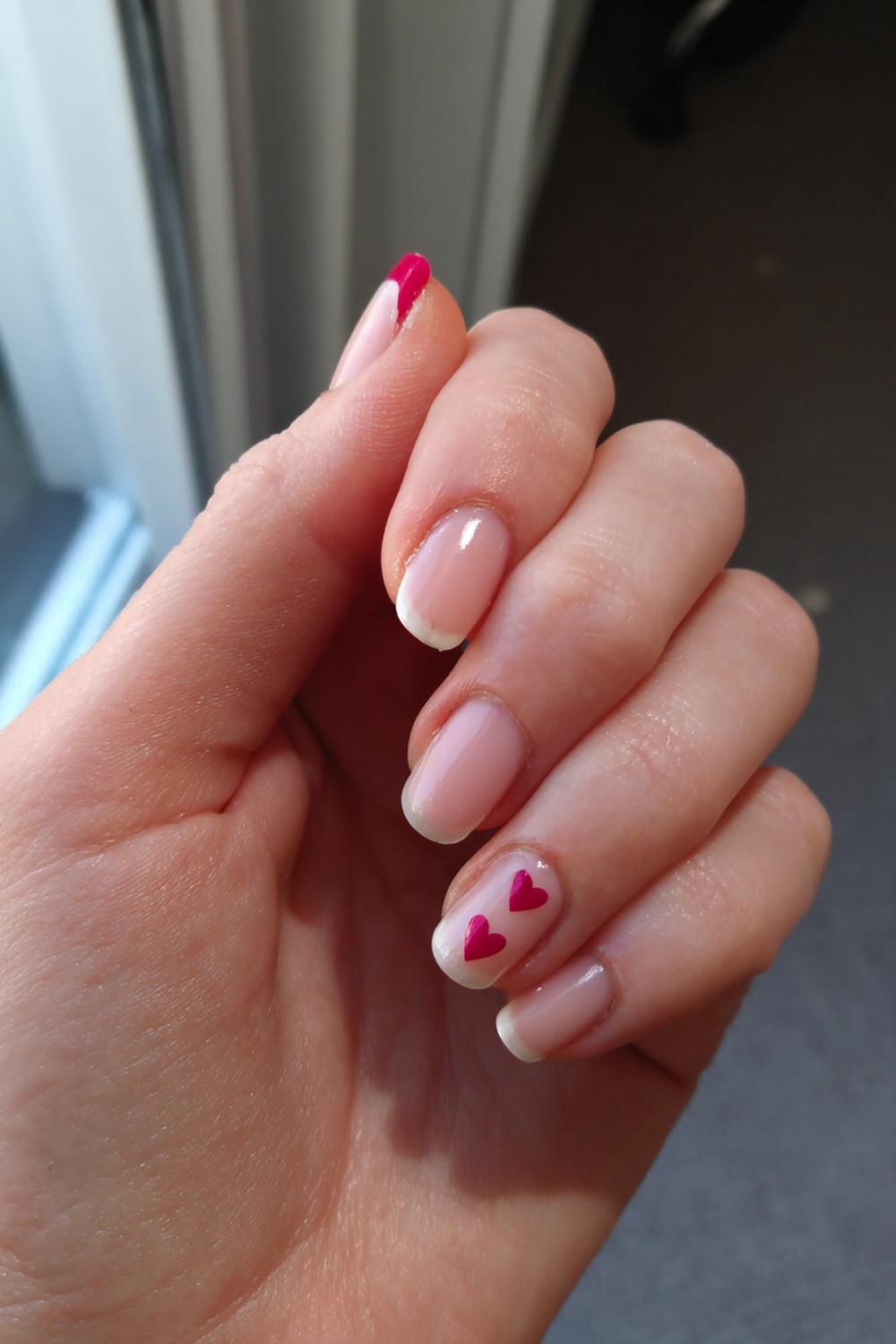 24. Valentines Nails Natural with Blush Base and Tiny Heart