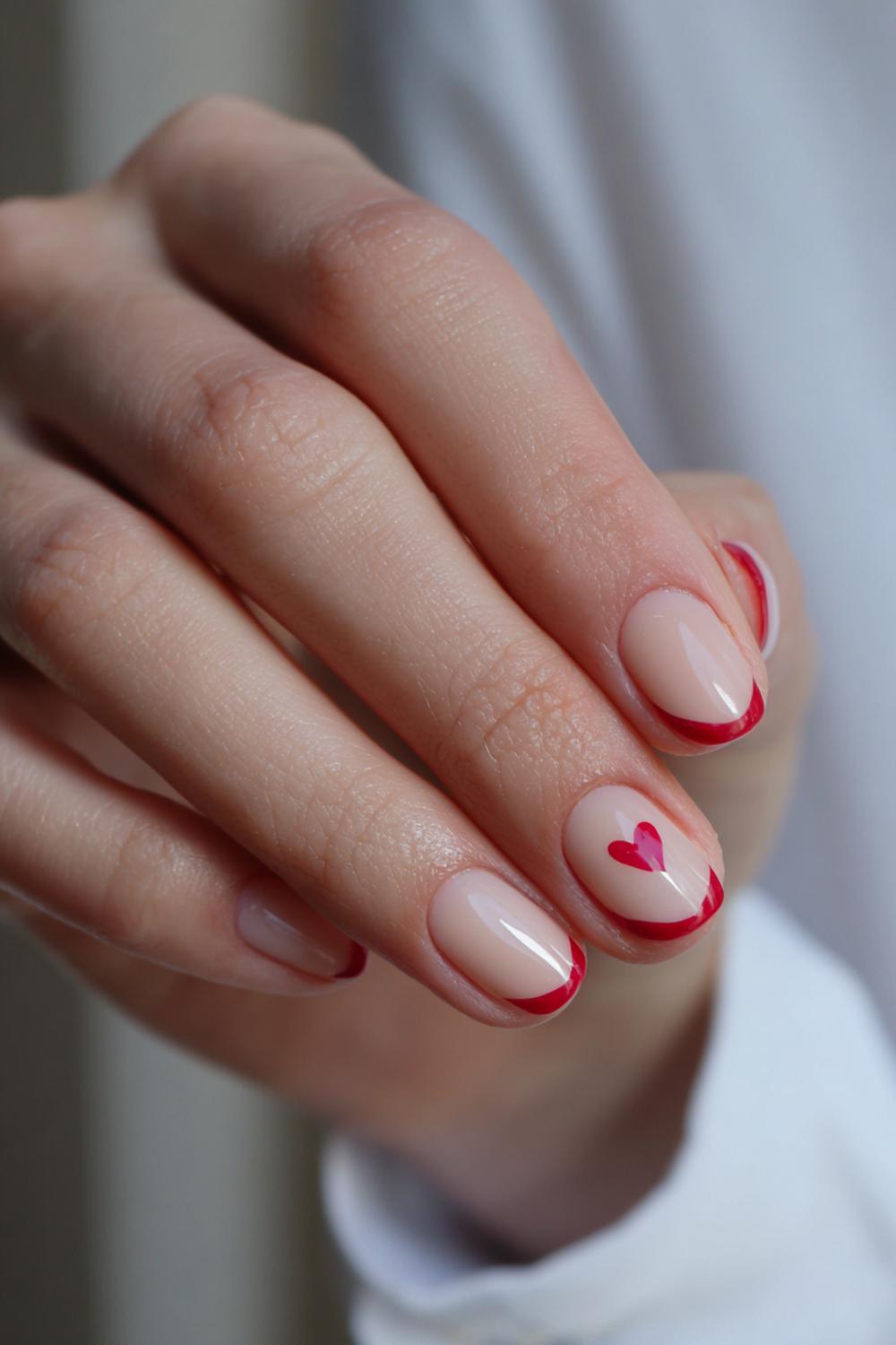 26. Valentines Day Nails Designs Short with Nude Base and Red Outline