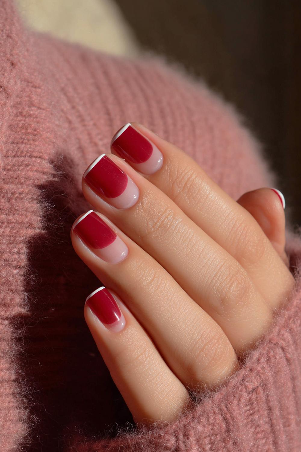 27. Minimal Red French Short Nails with Soft Brick Tone