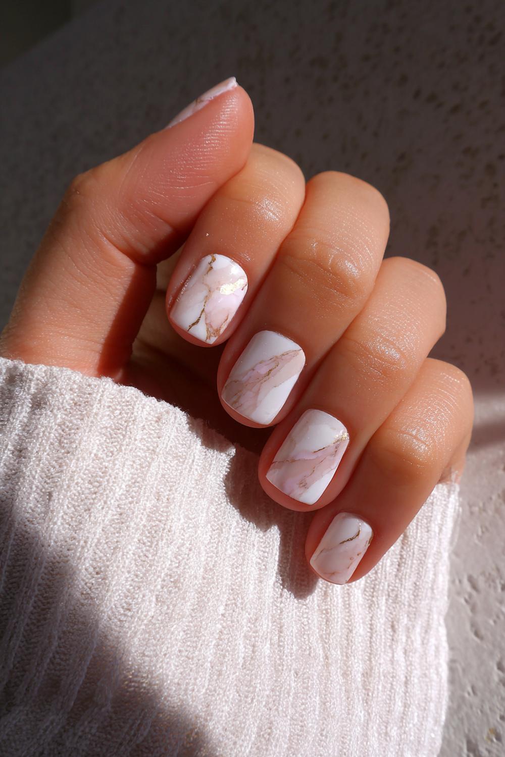 28. Neutral Marble Accent Short Nails in Beige and White Veins