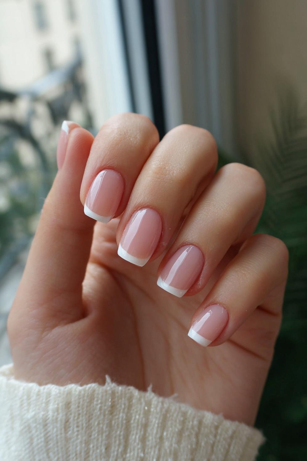 8. Beige French Tip Small Square Nails Design with Crisp Edges