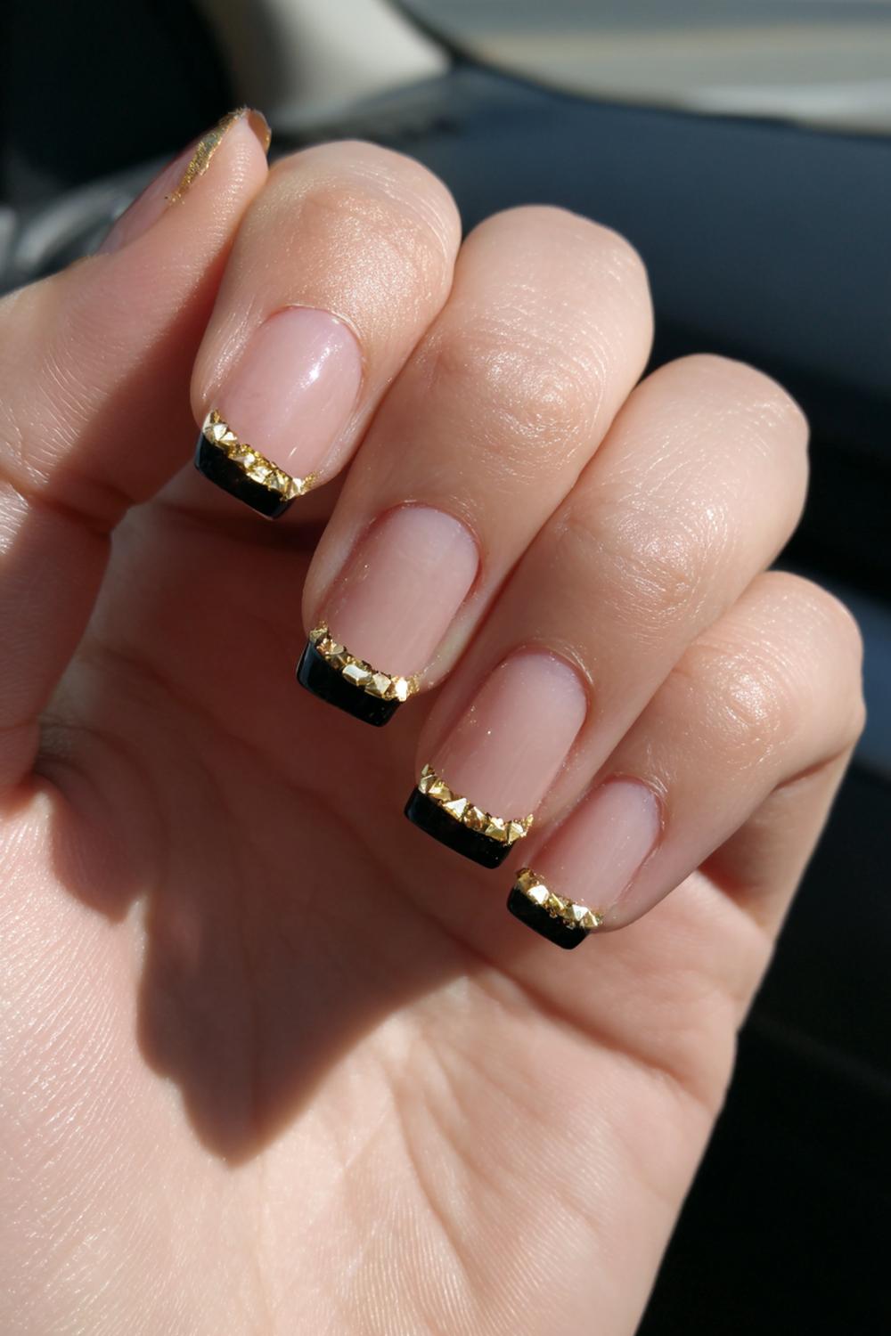 10. Black French Tip Nails With Gold: Nude Base with Gold Corner Studs