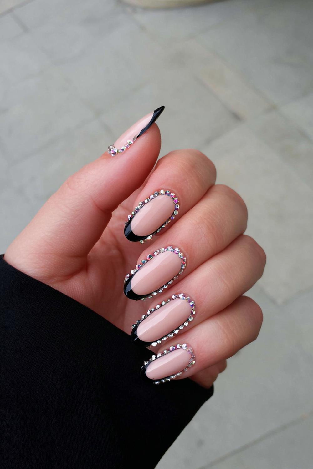 12. Black Dress Nail Ideas: Crystal-Accented Nude with Black Outline Tips