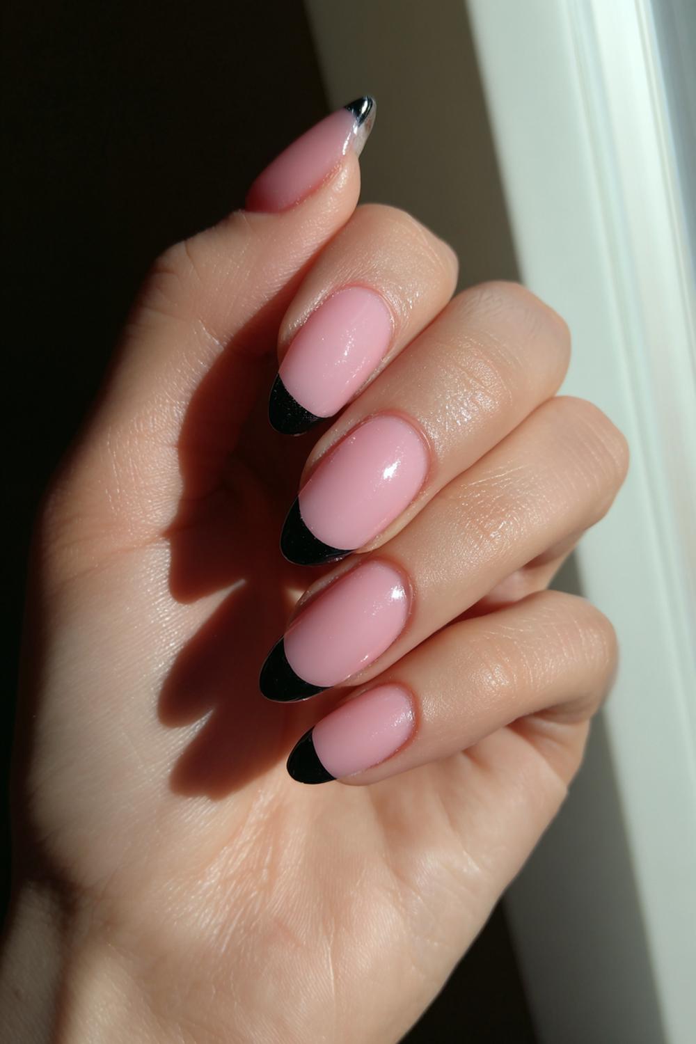 13. Medium Almond Shape Nails: Milky Pink with Black Half-Moon Cuticle
