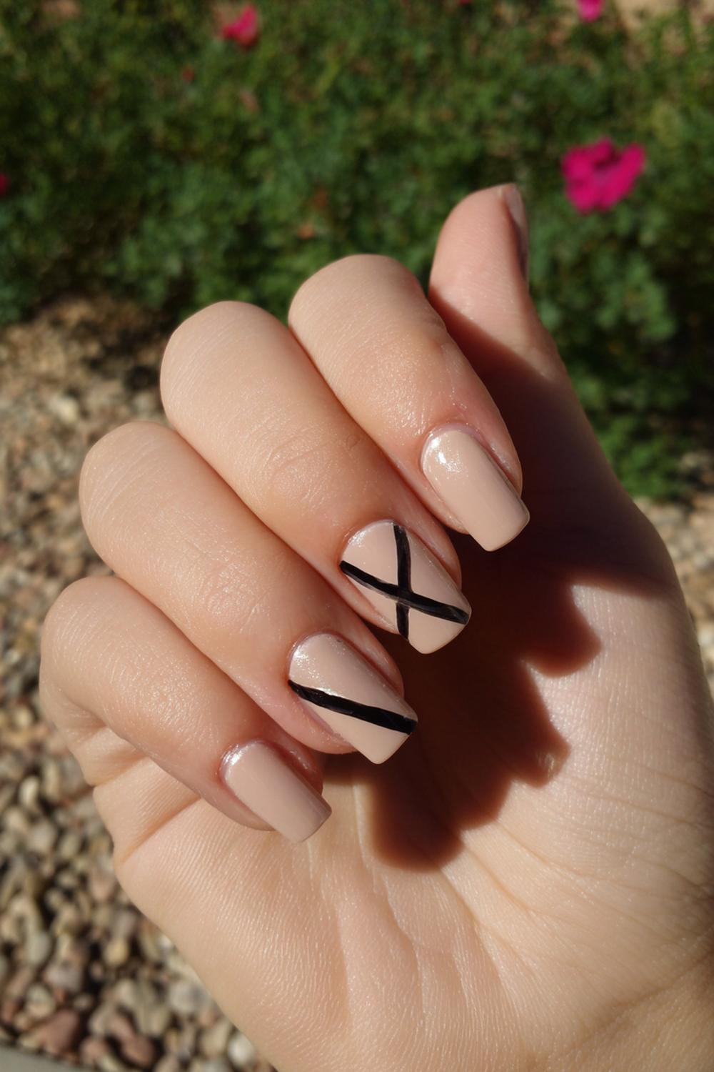 14. Business Casual Nails Designs: Beige Latte with Thin Black Diagonal