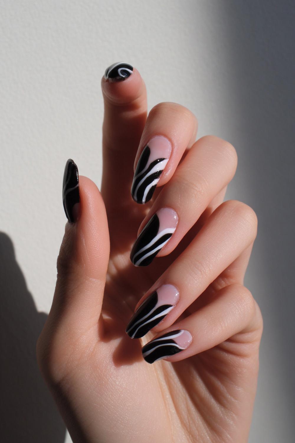 15. Nails Inspiration Design: Minimal Black Negative-Space Swirl