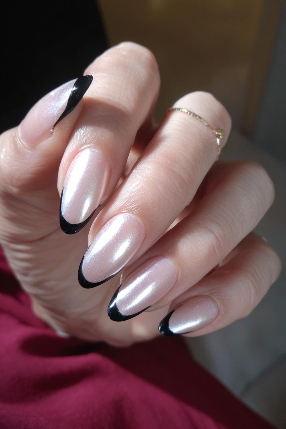 16. Black Dress Nail Ideas: Soft Pearl Chrome with Black Micro-Tips