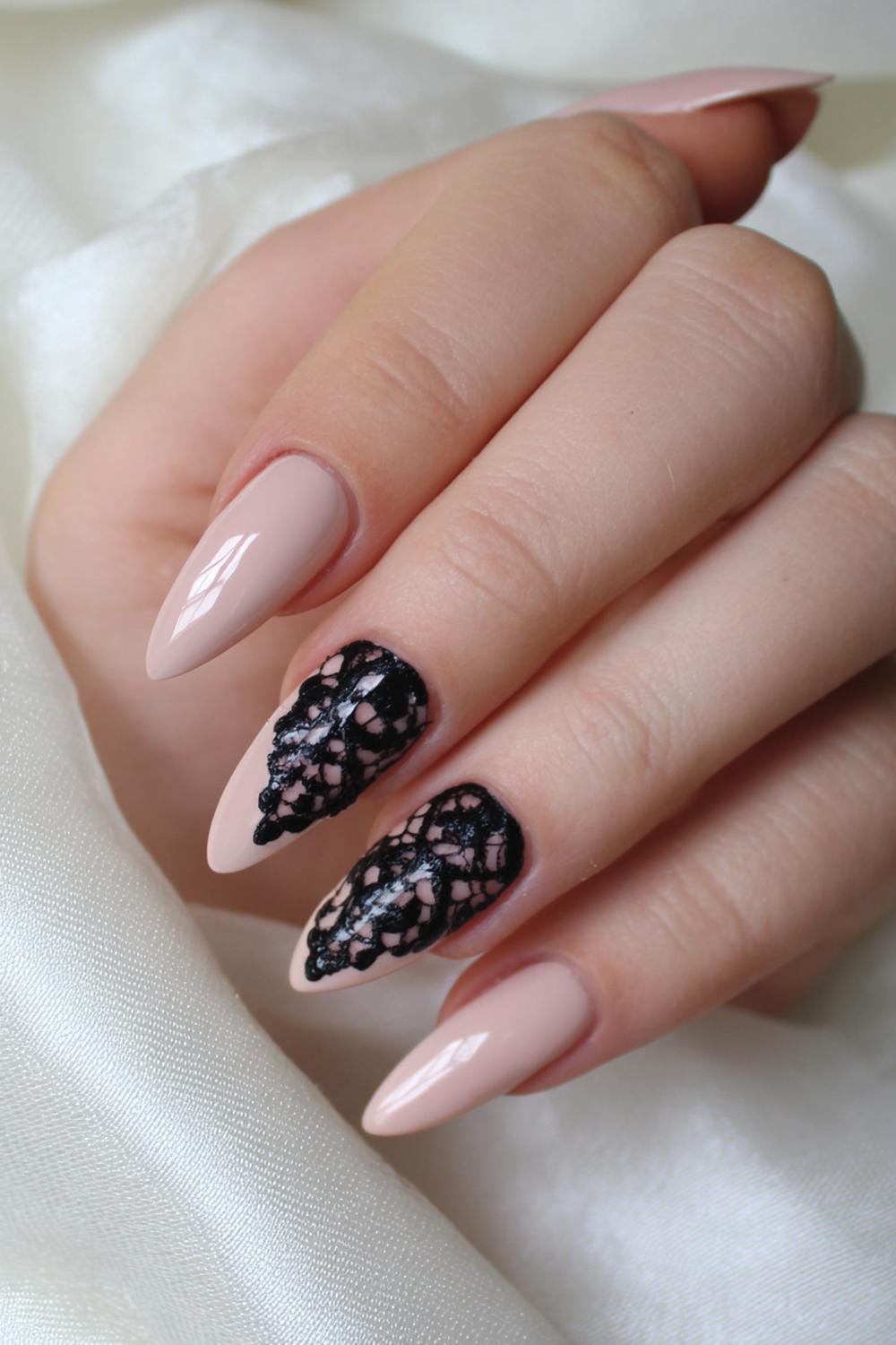 18. Acrylic Nail Ideas Almond Shape: Nude Sculpted Almond with Black Lace Art