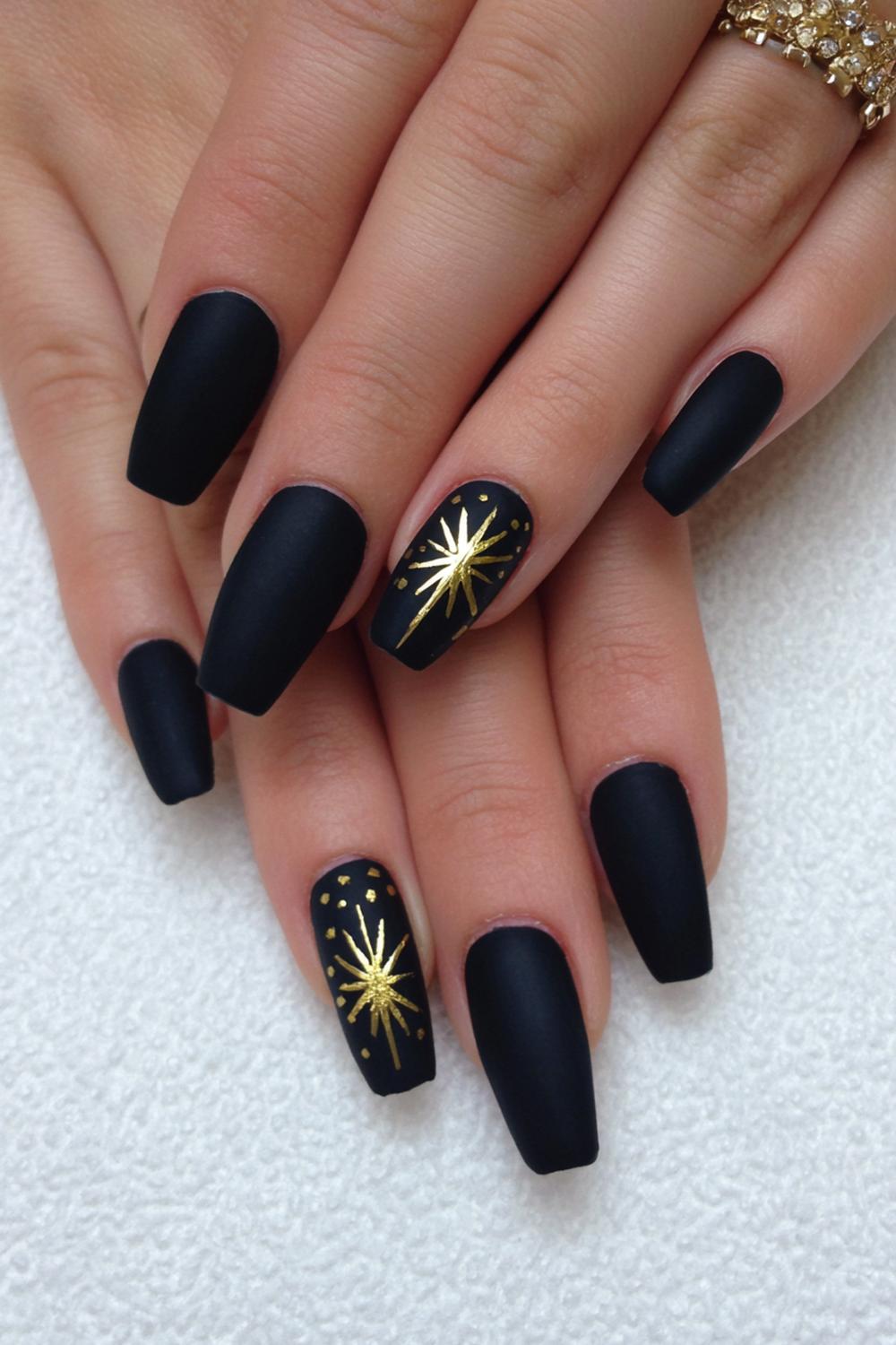 19. Nail Ideas Black And Gold: Matte Black with Gold Starburst Center