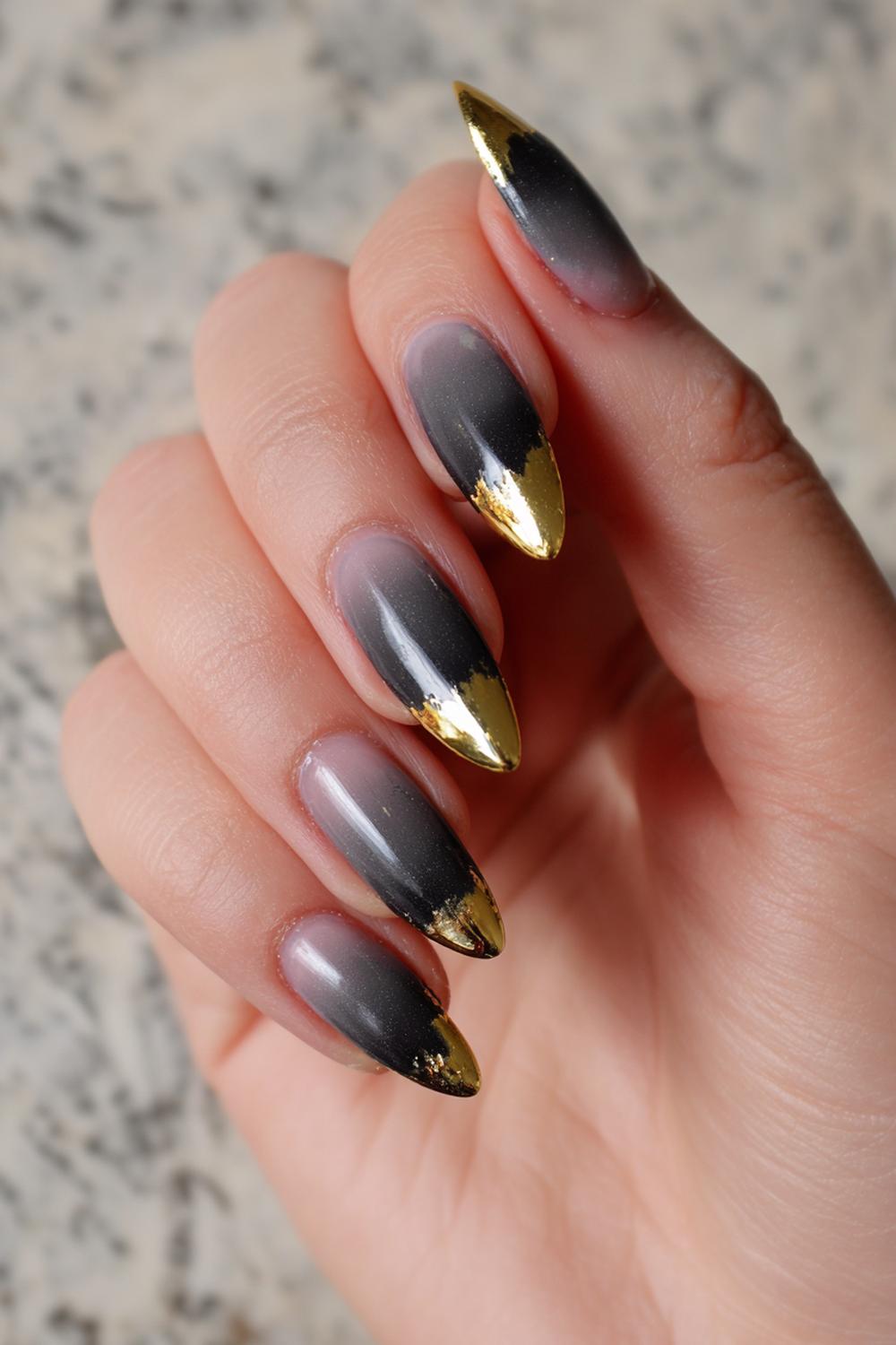 21. Dark And Gold Nails: Charcoal Cat-Eye with Gold Chrome Tips