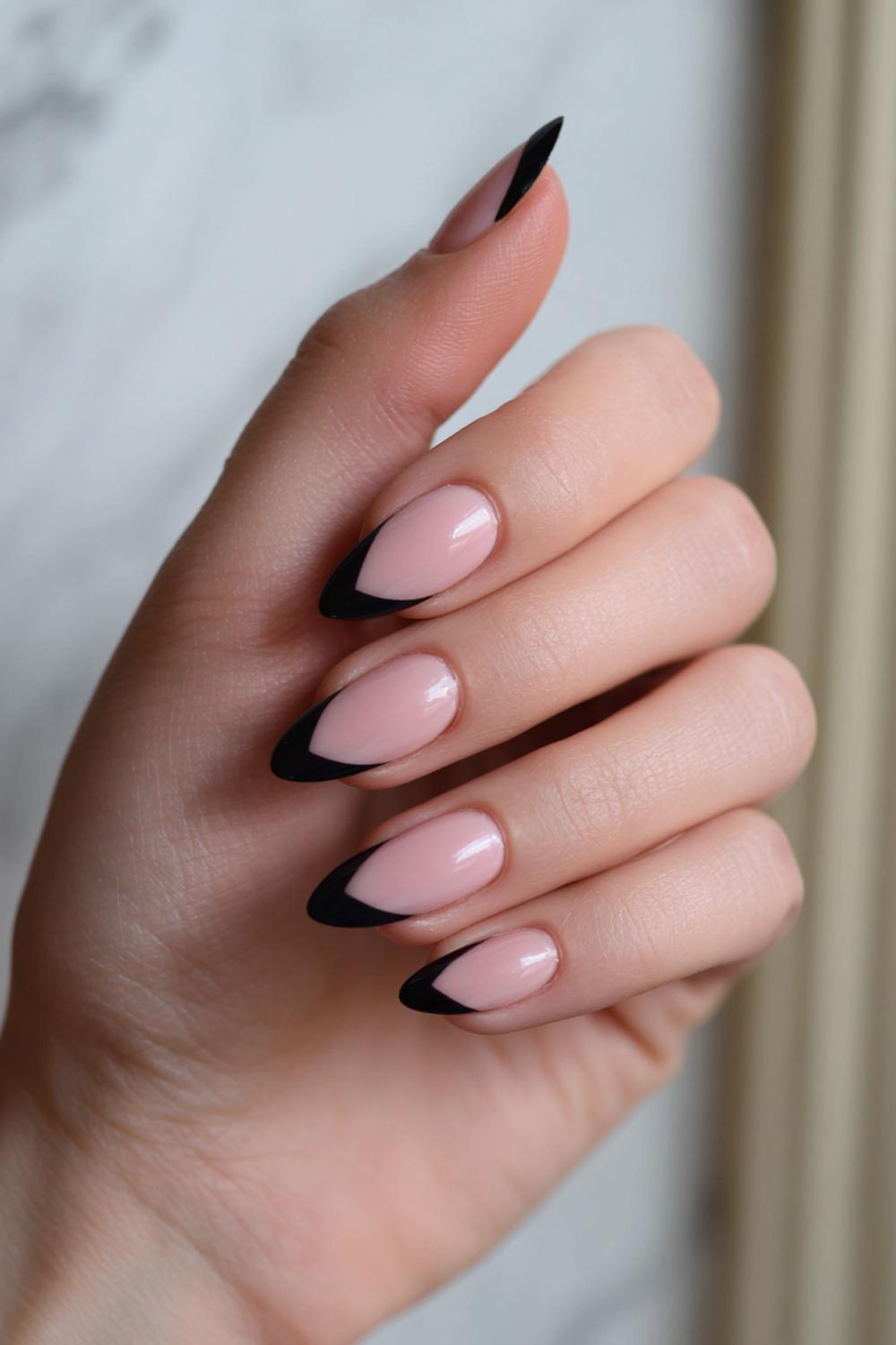22. Black Matte French Tip: Nude Base with Matte Black V-Tips