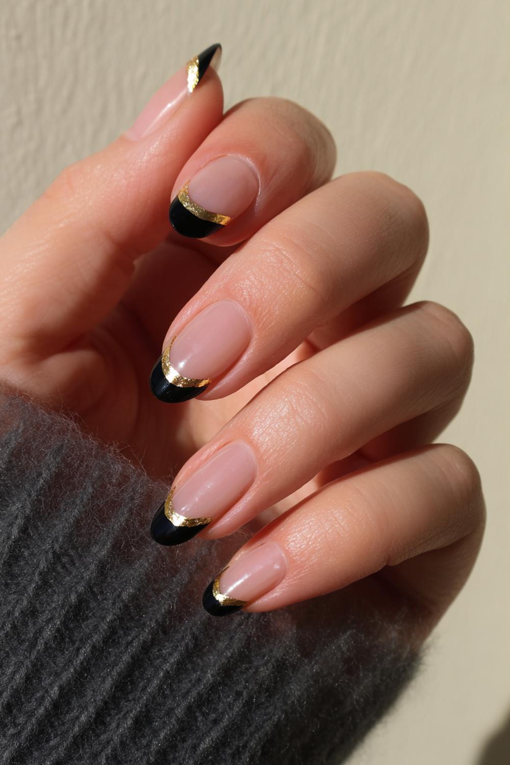23. Black French Tip Nails With Gold: Double-French with Gold Second Line