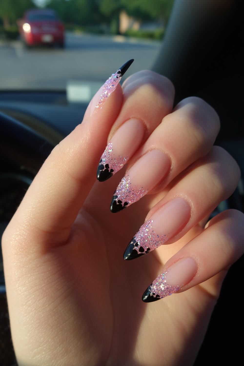 24. Nails With Black Prom Dress: Glitter Fade Tips with Tiny Black Hearts