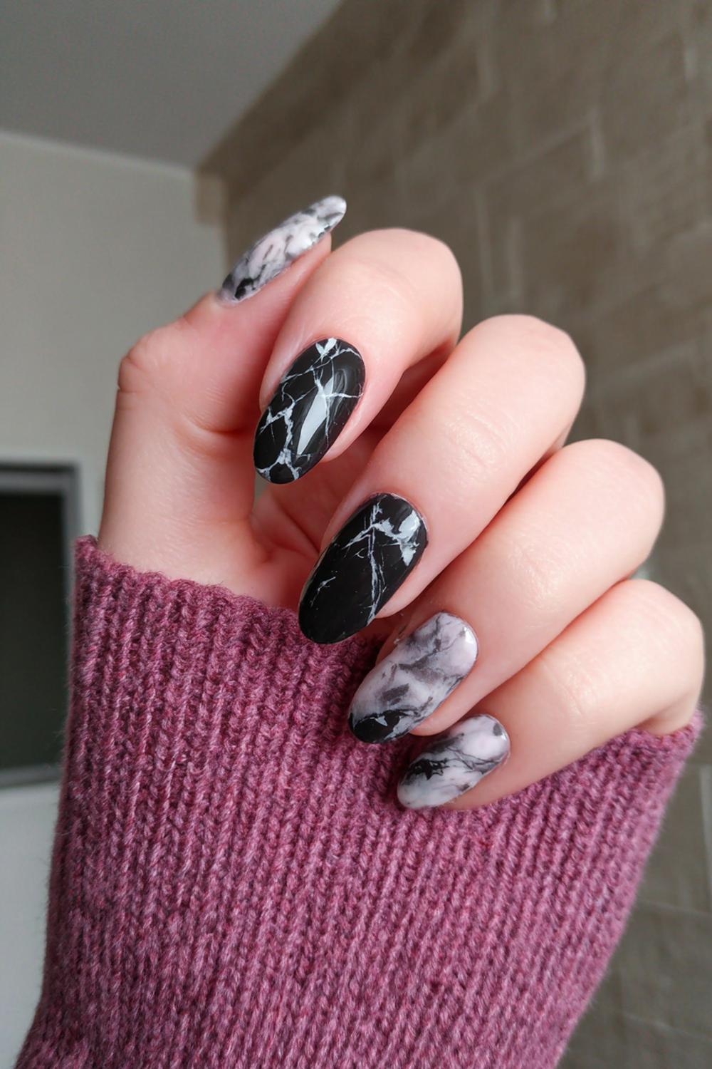 6. Black Dress Nail Ideas: Smoke-Gray Marble with Inky Veins