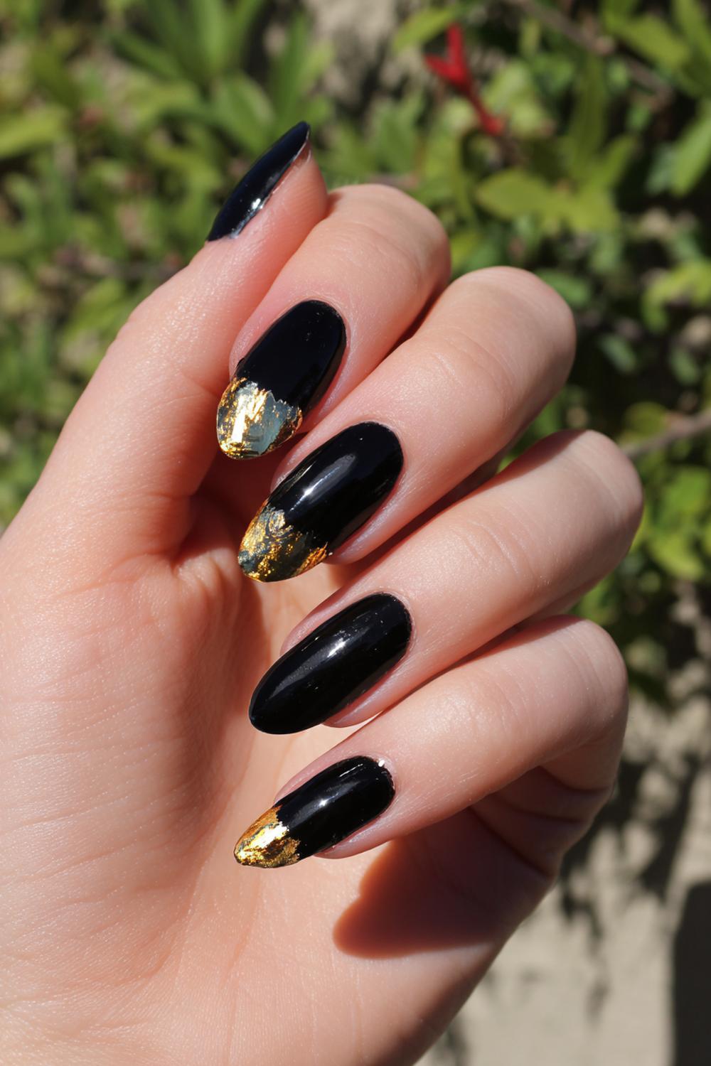 7. Nails Design Black And Gold: Black Base with Gold Foil Cuticle Halo
