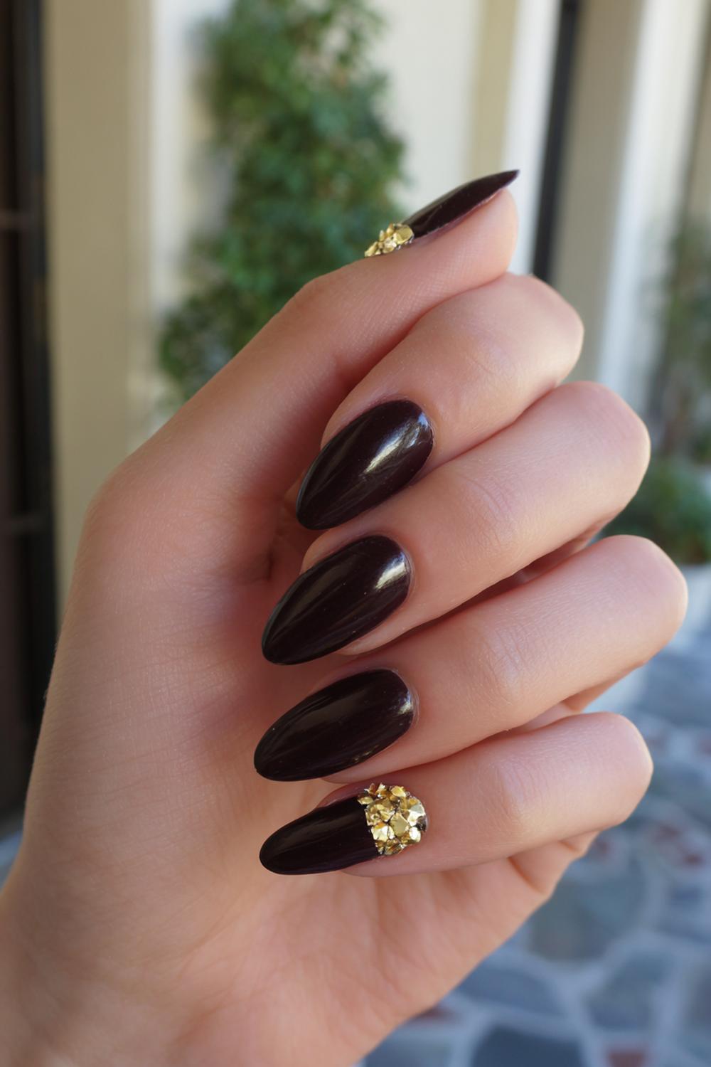 8. Dark And Gold Nails: Deep Espresso with Antique Gold Accent Nail