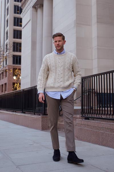 13. Old money outfits 2026 with a cable-knit sweater layered over a collared shirt
