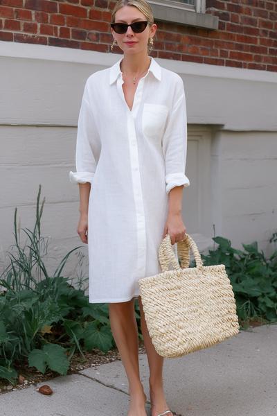 4. Old money outfits 2026 as Classy Summer Outfits with a linen shirt dress and raffia tote