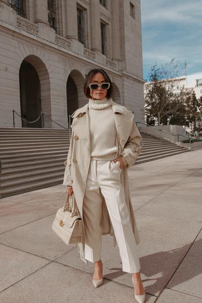 9. Old money outfits 2026 as Stylish Work Outfits with a beige trench and monochrome knit set