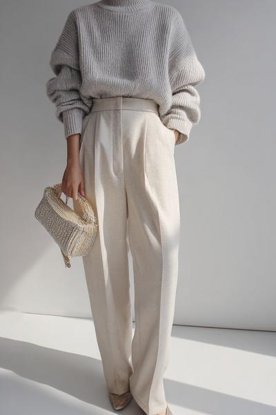 11. Outfits Aesthetic 2026: Monochrome Oatmeal Knit Outfit with Soft Tailoring