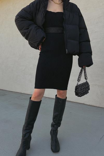 12. Outfits Aesthetic 2026: Cropped Puffer Outfit with Knit Dress and Tall Boots