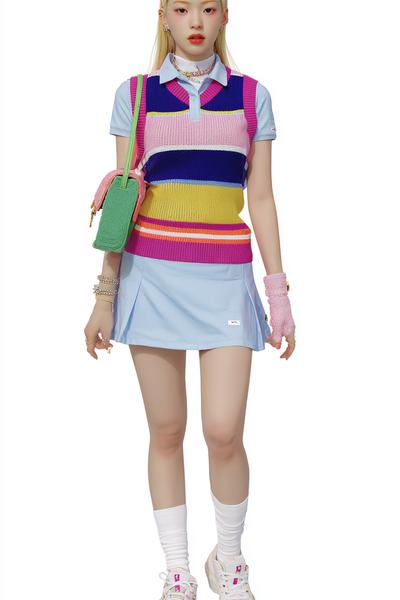 18. Outfits Aesthetic 2026: Sporty Stripe Polo Outfit with Knit Vest