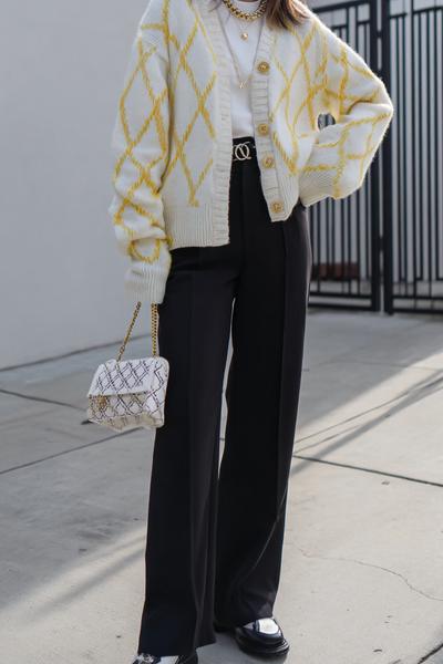 23. Outfits Aesthetic 2026: Statement Button Cardigan Outfit with Straight Black Pants