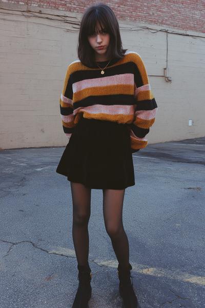 5. Outfits Aesthetic 2026: Striped Sweater Outfit Aesthetic with Corduroy Mini and Tights