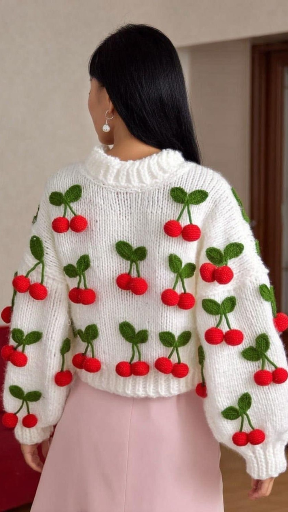 Cherry Embellished White Turtleneck